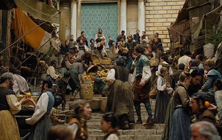 Arya fleeing from the Waif falling down stairs