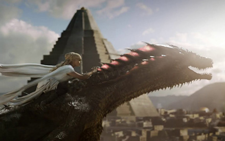 Daenerys rides her dragon Drogon